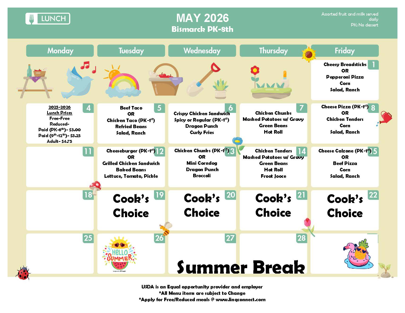 MAY LUNCH MENU FOR PreK - 8TH GRADE
